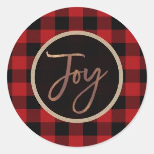 Sticker Rond Bronze JOY Fête de Noël Rouge Plaid Buffle