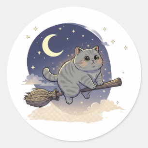 Sticker Rond Broomstick Brit - British Shorthair Cat Halloween