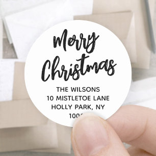 Sticker Rond Brossé Joyeux Noël Noir Blanc Adresse de retour