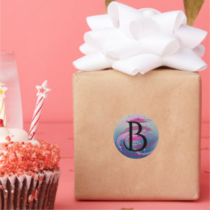 Sticker Rond Brosse rose fuchsia et douce B Monogramme