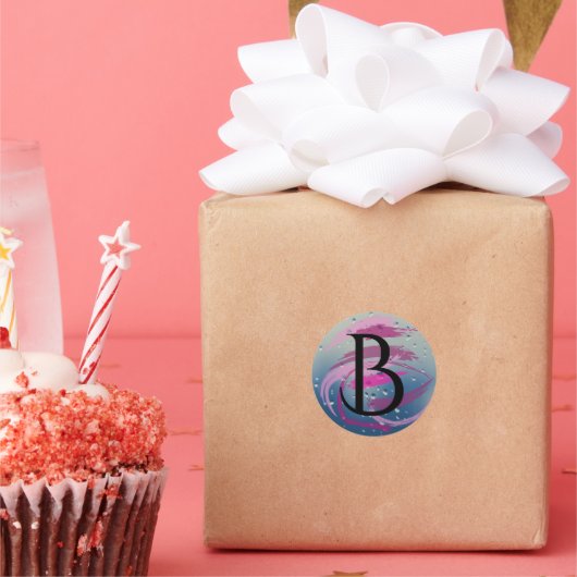 Sticker Rond Brosse rose fuchsia et douce B Monogramme (Fête)