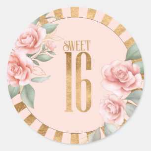 Sticker Rond Broussage de Sweet sixteen floral Gold Foil ID757