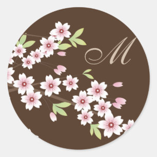 Sticker Rond Brown avec des enveloppes en fleurs de cerisier ro