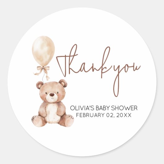 Sticker Rond Brown Bear Balloon Baby Shower (Devant)