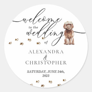 Sticker Rond Brown Chien de chiot Cavapoo Mariage Bienvenue