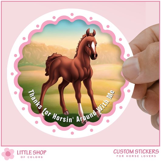 Sticker Rond Brown Foal Horse Birthday Party Favor Thank You