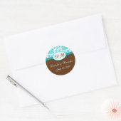 Sticker Rond Brown Mariage bleu Monogramme Damask Seal (Enveloppe)