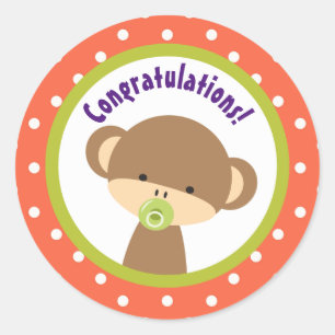Sticker Rond Brown singe-bébé avec Pacifier Félicitations