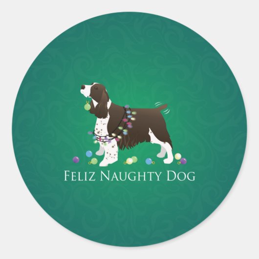 Sticker Rond Brown Springer Spaniel Chien Feliz Naughty Chien (Devant)