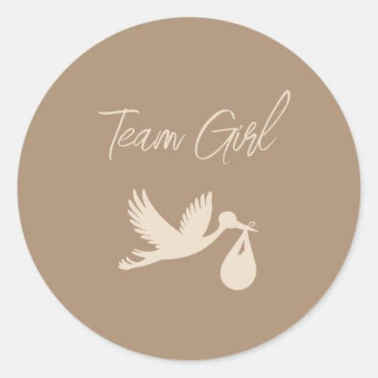 Sticker Rond Brown Stork Baby Delivery Gender Reveal Team Girl (Devant)