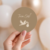 Sticker Rond Brown Stork Baby Delivery Gender Reveal Team Girl