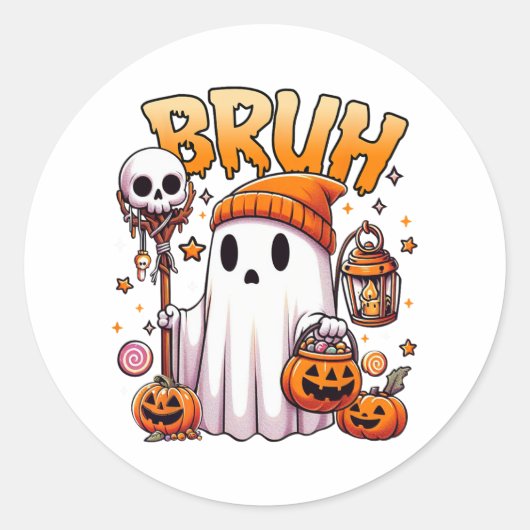 Sticker Rond Bruh Ghost Halloween mignon Ghost Tricot Ou Traite (Devant)