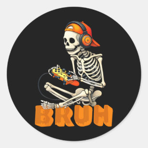 Sticker Rond Bruh Halloween squelette joueur vidéo de jeu garço