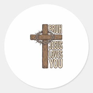 Sticker Rond Bruh Jésus T'aime Croix Vintage Chrétien Vecto