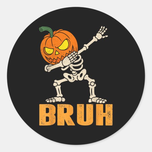 Sticker Rond Bruh Skeleton Halloween Dabbing Boys Citrouille Ja (Devant)
