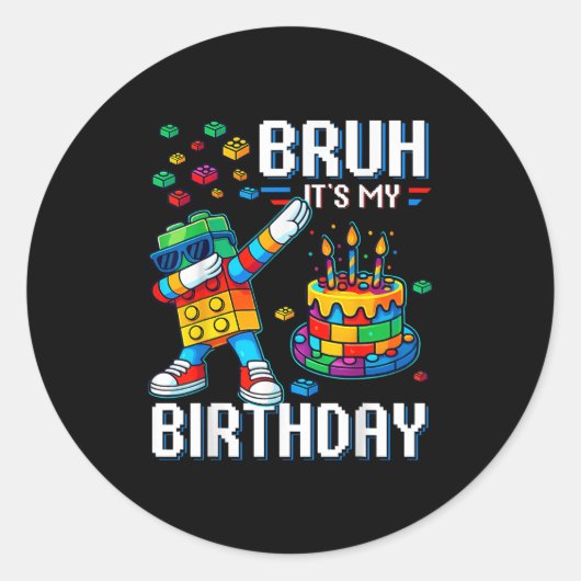 Sticker Rond Bruh Son Anniversaire Maître Constructeur Blocs (Devant)
