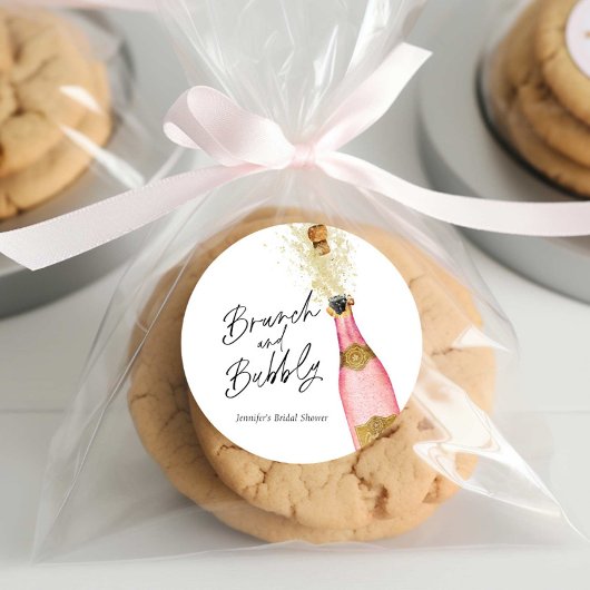 Sticker Rond Brunch et Bubbly Fête de Mariage Rose et Or 