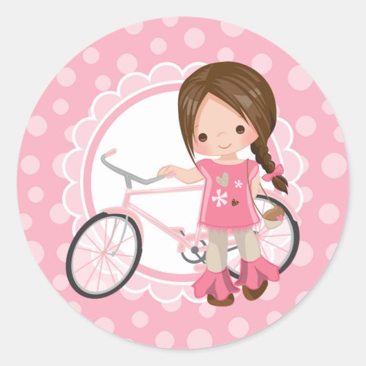 Sticker Rond Brunette Bicycle Girl - Rose Blanc (Devant)