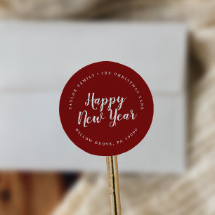 Sticker Rond Brushed Red Happy New Year Return Address