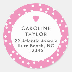 Sticker Rond Bubblegum Pink Heart & Dots mignon Adresse pour fi