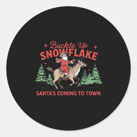 Sticker Rond Buckle-up Snowflake Santa's Coming Soon Western Ch (Devant)