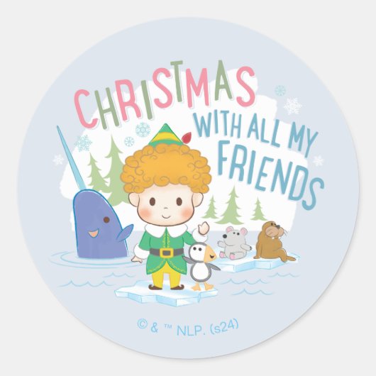 Sticker Rond Buddy l'Elfe Noël avec tous mes amis (Devant)