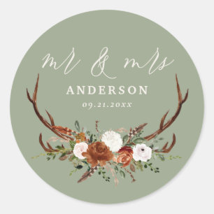 Sticker Rond Budget cerf botanique rustique mariage sauge vert