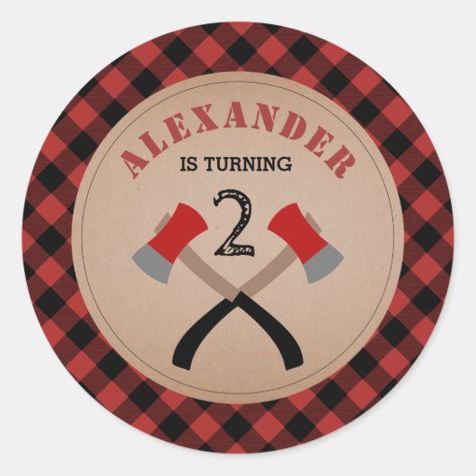 Sticker Rond Buffalo Plaid Ax Lumberjack Anniversaire (Devant)