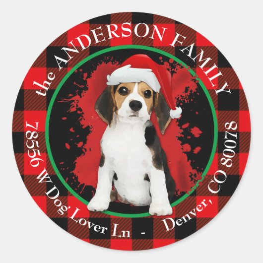 Sticker Rond Buffalo Plaid Beagle Puppy Adresse de retour (Devant)