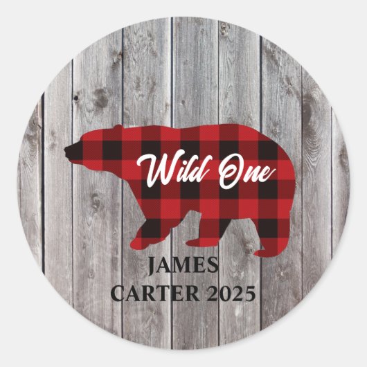 Sticker Rond Buffalo Plaid Bear Wild One Boy 1ère fête d'annive (Devant)