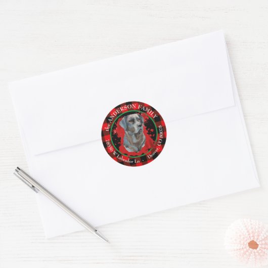 Sticker Rond Buffalo Plaid Black Lab Adresse de retour (Enveloppe)