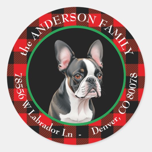 Sticker Rond Buffalo Plaid Boston Terrier Dog Adresse de retour (Devant)