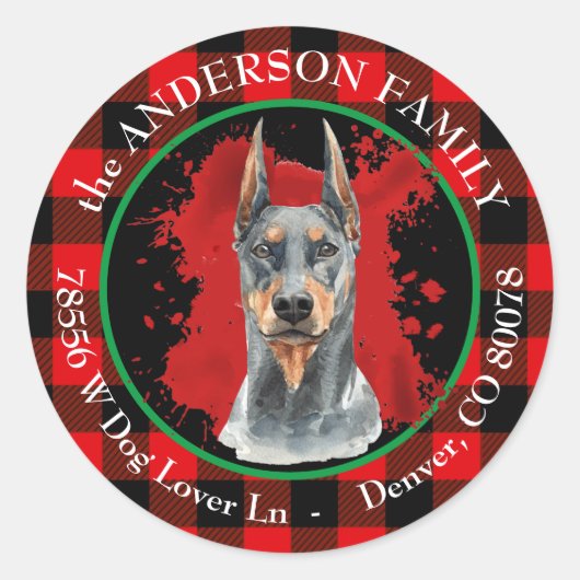 Sticker Rond Buffalo Plaid Doberman Pinscher Adresse de retour (Devant)
