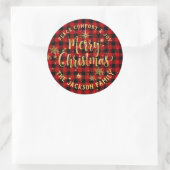 Sticker Rond Buffalo Plaid Gold Calligraphie Joyeux Noël (Sac)
