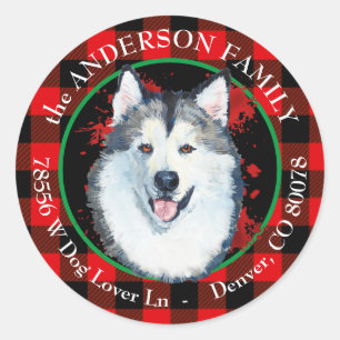 Sticker Rond Buffalo Plaid Malamute Dog Adresse de retour
