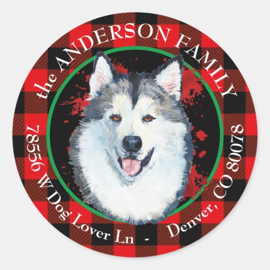 Sticker Rond Buffalo Plaid Malamute Dog Adresse de retour (Devant)