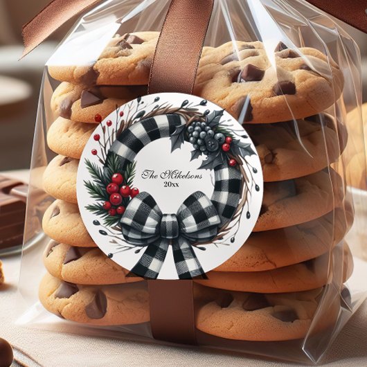 Sticker Rond Buffalo Plaid Noir et Blanc Famille Noël