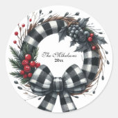 Sticker Rond Buffalo Plaid Noir et Blanc Famille Noël (Devant)
