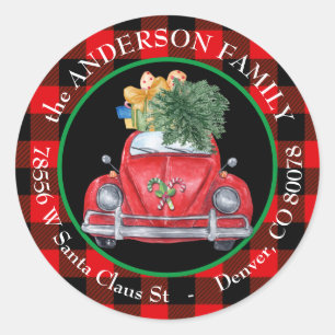 Sticker Rond Buffalo Plaid Retro Car Christmas Retour Adresse A
