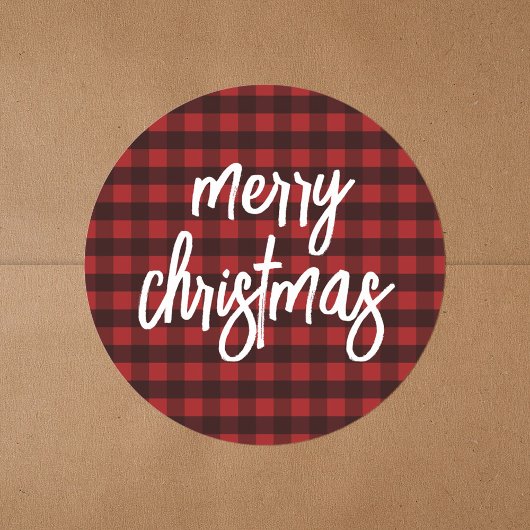 Sticker Rond Buffalo Plaid Script Calligraphie Joyeux Noël