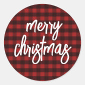 Sticker Rond Buffalo Plaid Script Calligraphie Joyeux Noël (Devant)