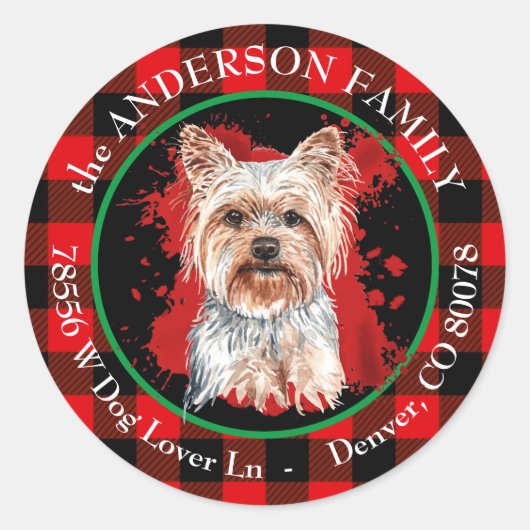 Sticker Rond Buffalo Plaid Yorkshire Terrier Adresse de retour (Devant)
