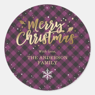 Sticker Rond Buffalo violet Plaid Gold Snow Christmas