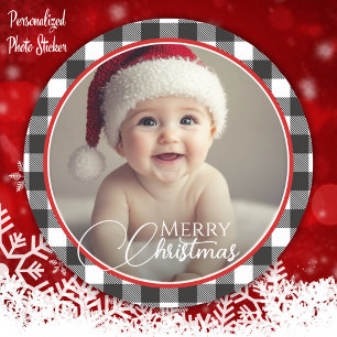 Sticker Rond Buffle noir et blanc Plaid Joyeux Noël photo