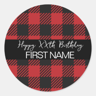 Sticker Rond Buffle rouge et noir Plaid Rustique fête d'anniver