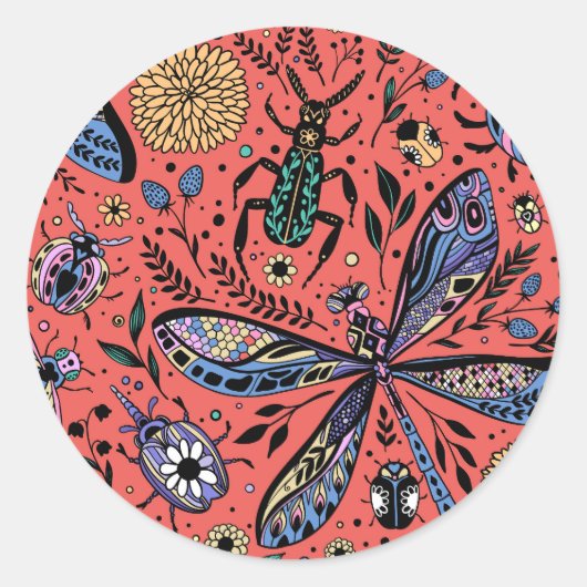 Sticker Rond Bugs de Doodle sur corail rouge (Devant)