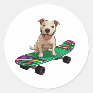 Sticker Rond Bull Terrier anglais sur skateboard