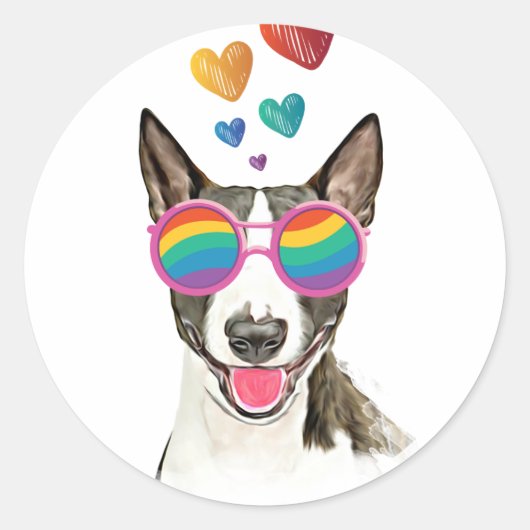 Sticker Rond Bull Terrier Chien avec Coeurs Saint-Valentin (Devant)