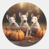 Sticker Rond Bull Terrier Chiot Automne Citrouille de plaisir (Devant)