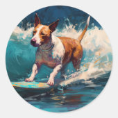 Sticker Rond Bull Terrier Plage Surf Peinture (Devant)